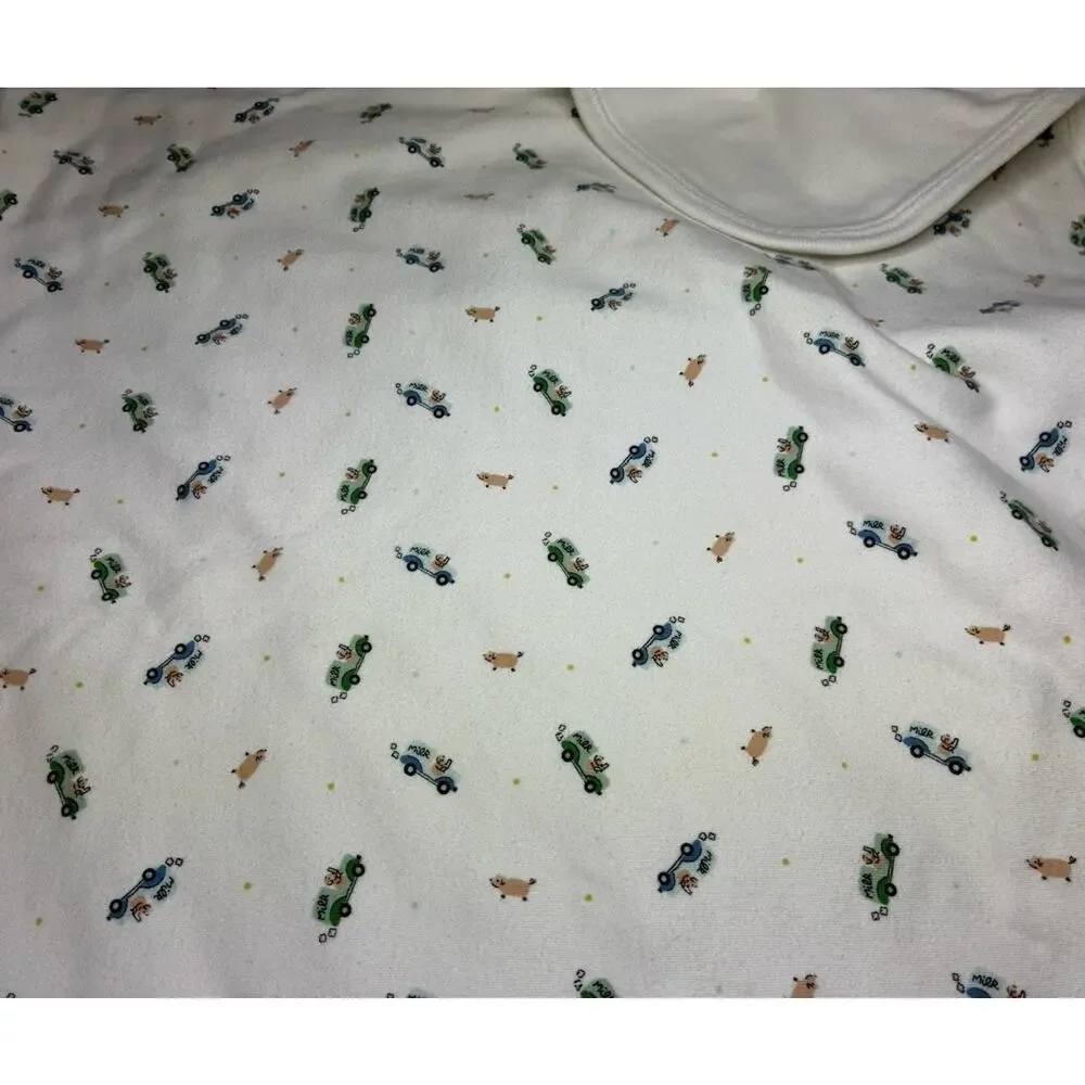 Vintage 1999 Baby GAP Baby Blanket White Green Blue Polka Dot Pig Trucks READ